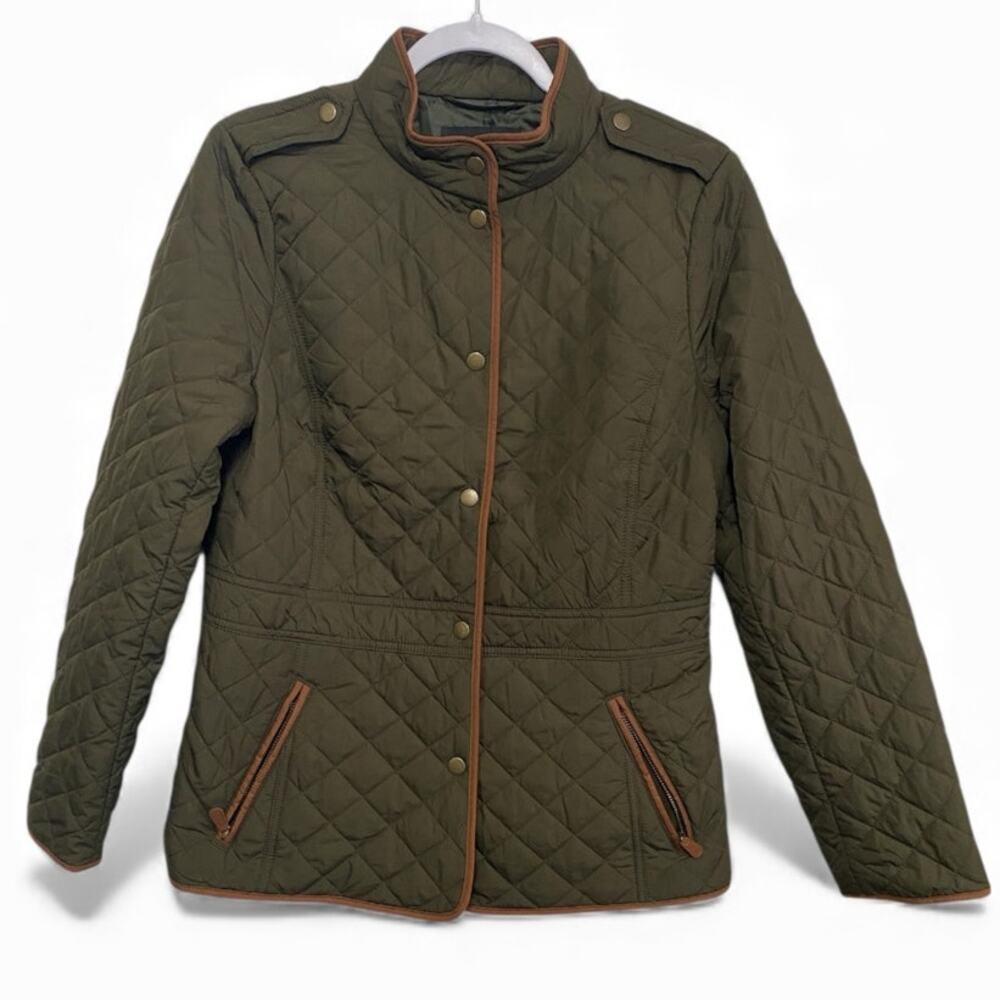 Talbots Quilted Barn Jacket Womens M Olive Green Brown Snap Button Front Pockets
